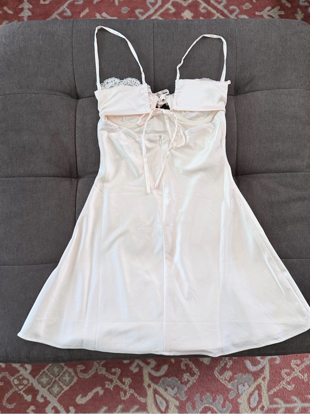 Lace-Trim Tie-Front Mini Dress in Cream - Picture 6 of 7